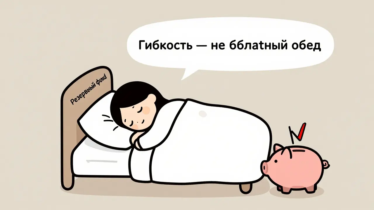 Человек спит спокойно рядом с резервным фондом, символизирующим гибкость вместо максимальной прибыли.