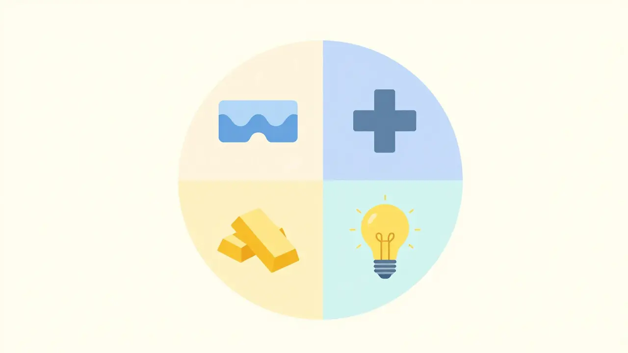 Четыре символа: облигации, медицинский крест, золотой слиток, лампочка