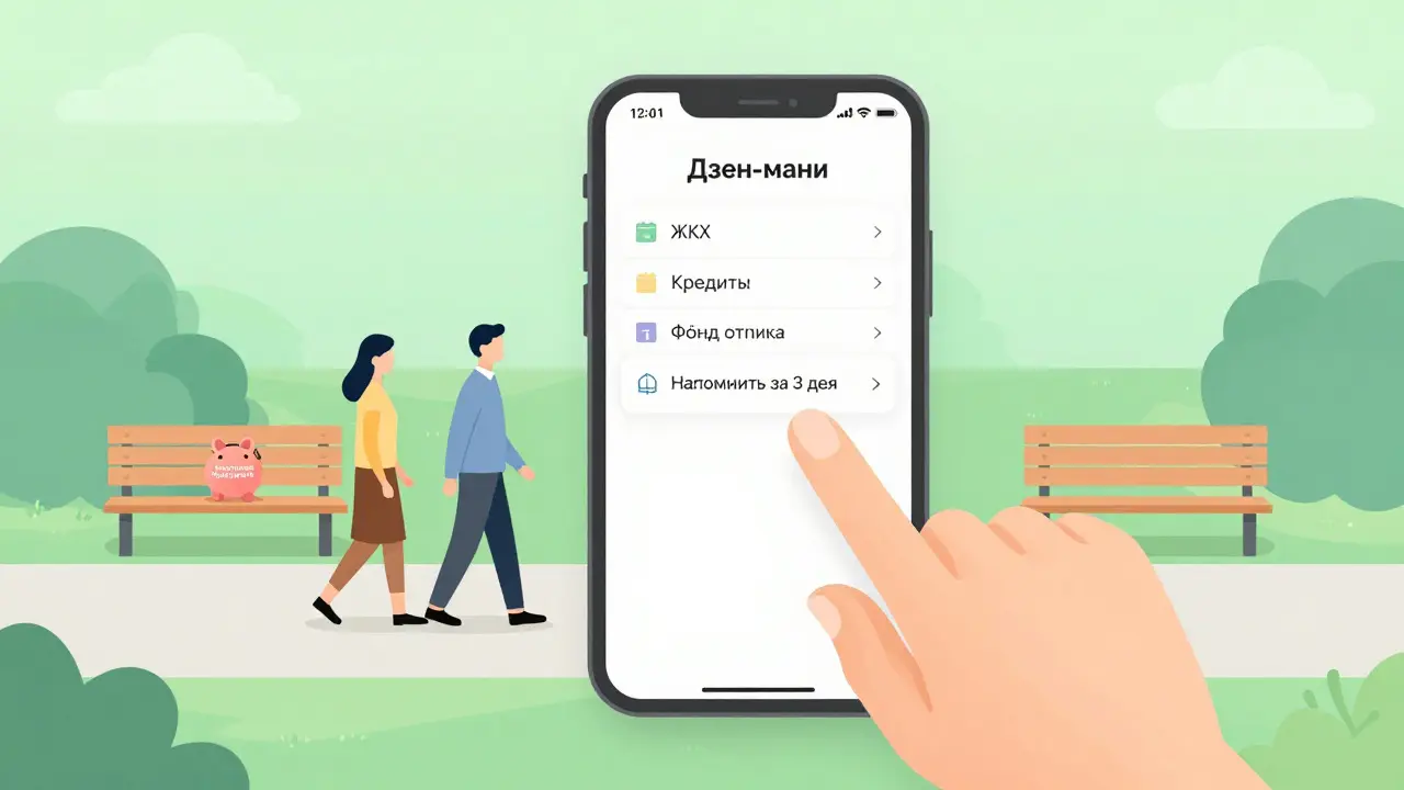 Экран приложения с автоматическими категориями расходов и напоминанием о платеже.