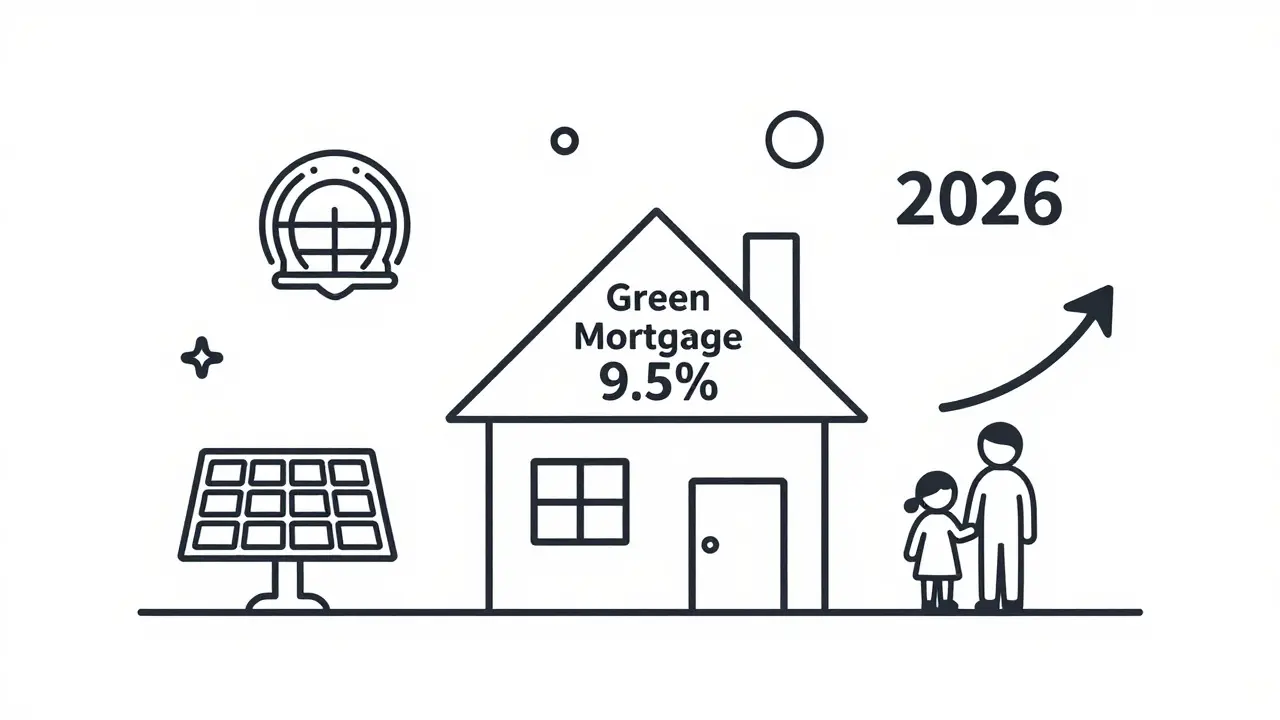 Энергоэффективный дом с ипотечной программой 9,5% и символами семьи и экологии.