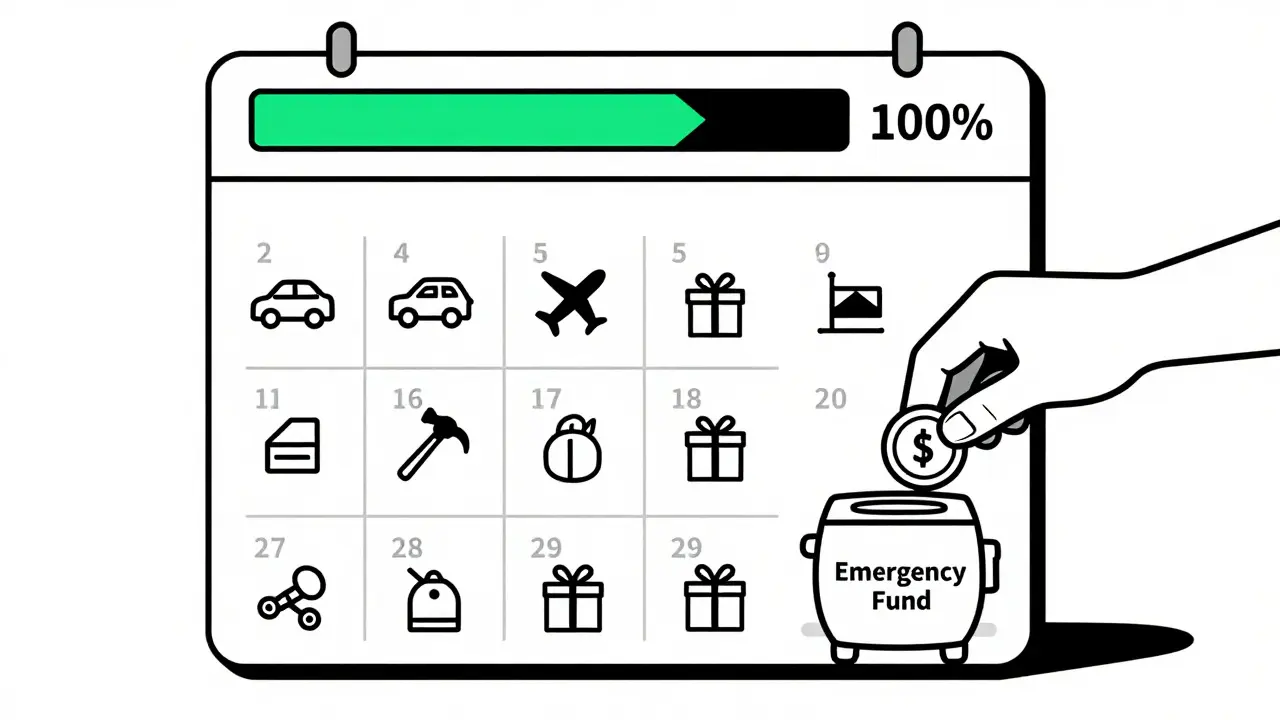 Календарь годовых расходов с пополнениемemergency-фунда, символизирующий финансовую подготовку.