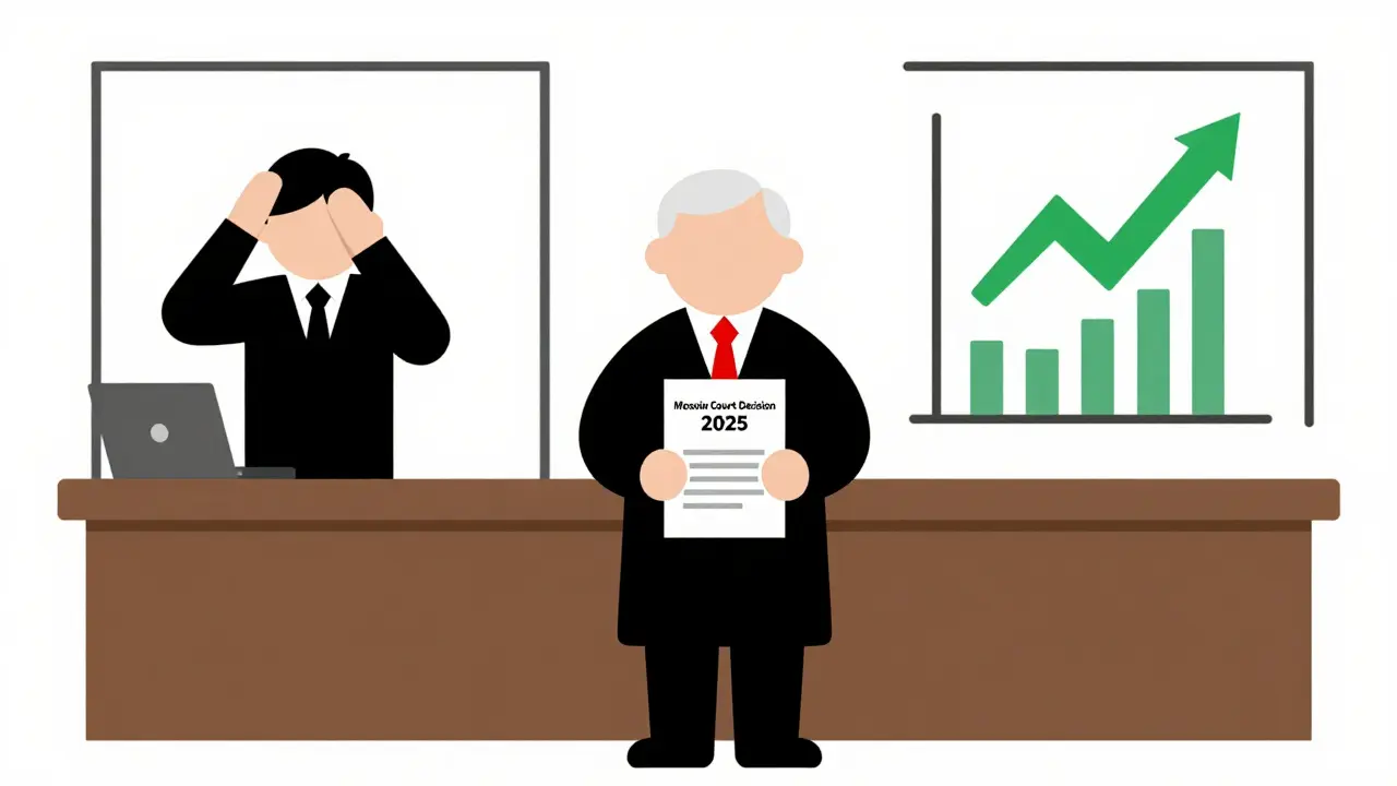 Пенсионер в суде с решением, за ним — разделённая сцена: отказ банка и одобрение суда, графики дохода.