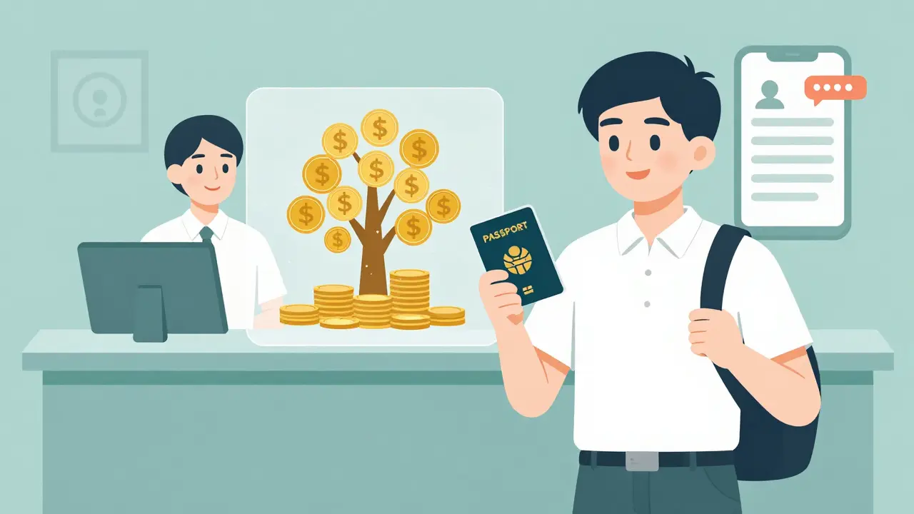 Подросток открывает детский вклад в банке, монеты растут деревом, на фоне — смартфон с приложением.