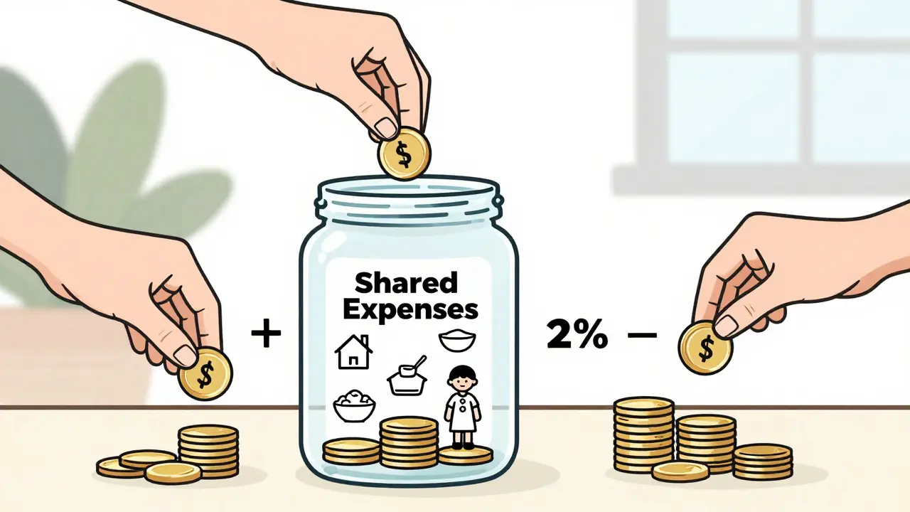 Прозрачная банка с общими расходами семьи, наполненная символами жилья, еды и сбережений, пополняемая двумя партнерами.