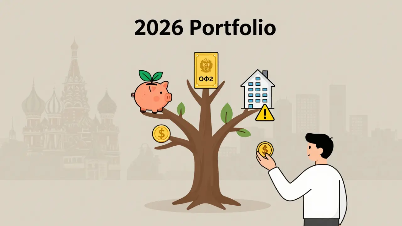 Растущее дерево инвестиций с фруктами: вклады, облигации, золото, недвижимость и криптовалюта