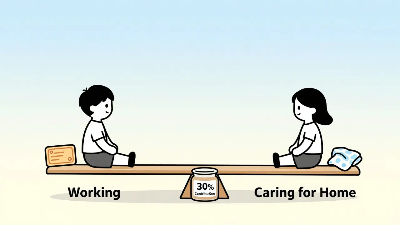 Равновесие между работающим и заботящимся партнером, символизирующее справедливый вклад в семью.