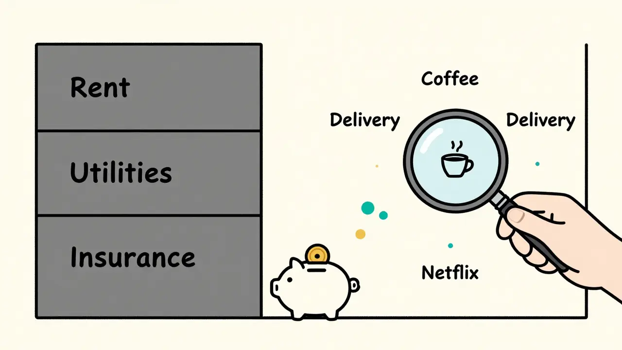Разделение расходов на фиксированные и переменные, с акцентом на мелкие траты и накопления.