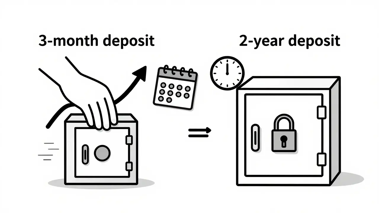 Разделенная сцена: краткосрочный и долгосрочный вклады с символами времени и ставок