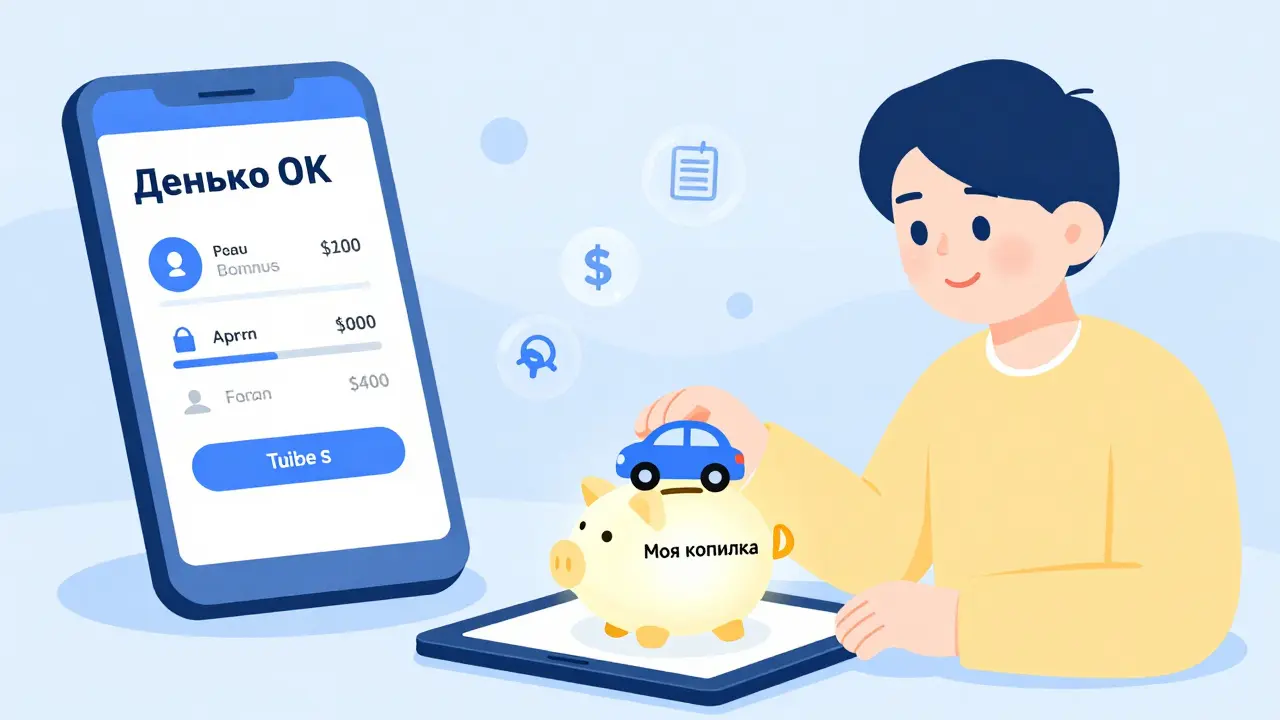 Ребёнок копит деньги на игрушку через функцию 'Копилка' в приложении Деньги ОК.