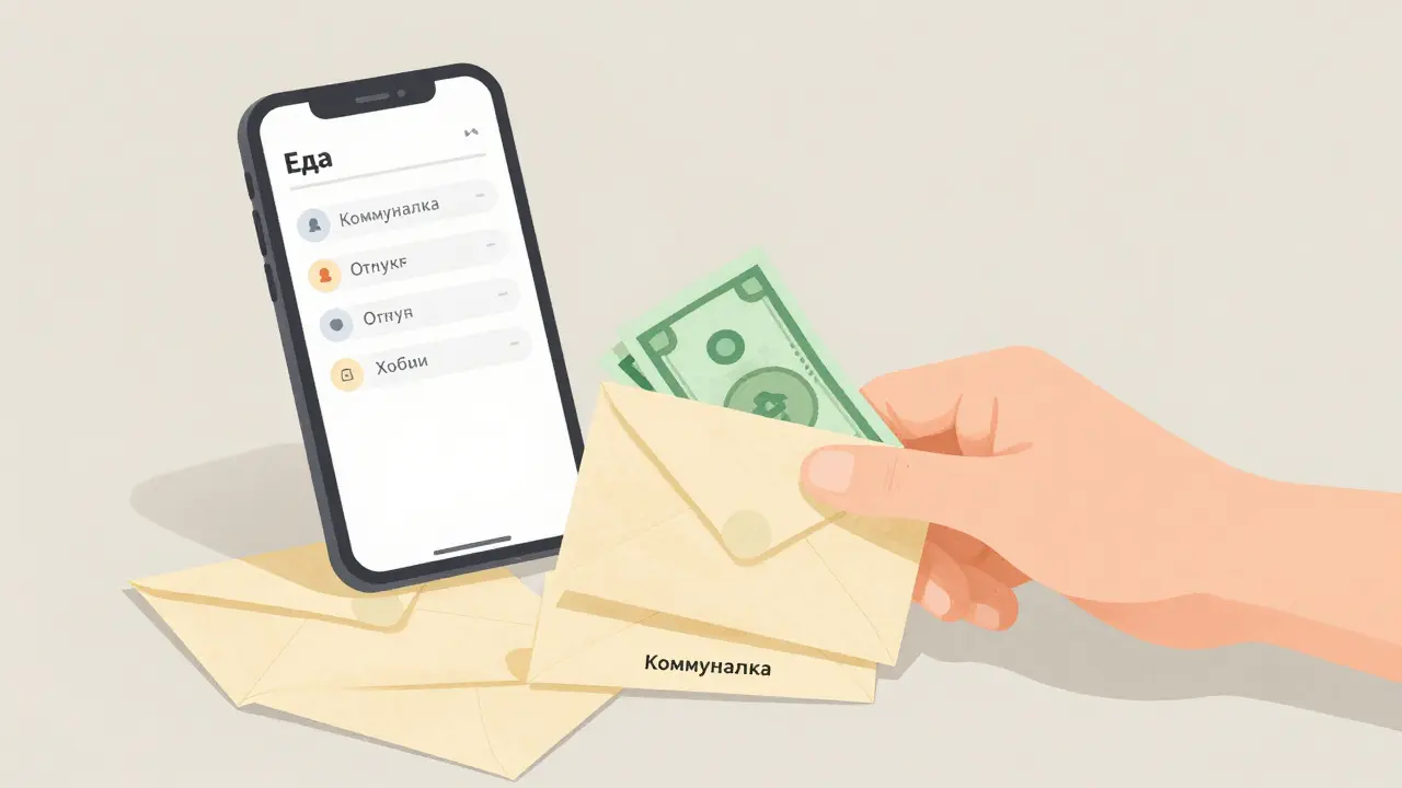 Рука кладет деньги в бумажные конверты с метками: еда, коммуналка, отпуск и хобби, на фоне смартфон с приложением для бюджета.