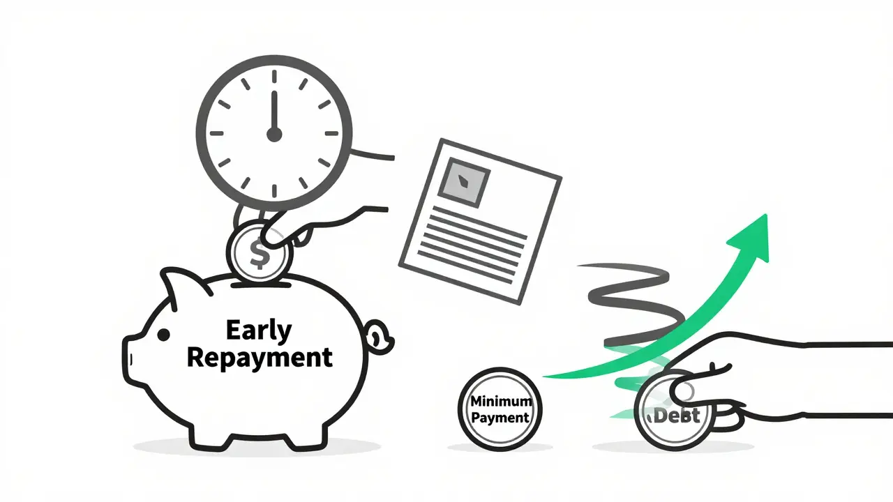 Рука кладёт монету на досрочное погашение, а долг уменьшается, в отличие от минимального платежа, который увеличивает долг