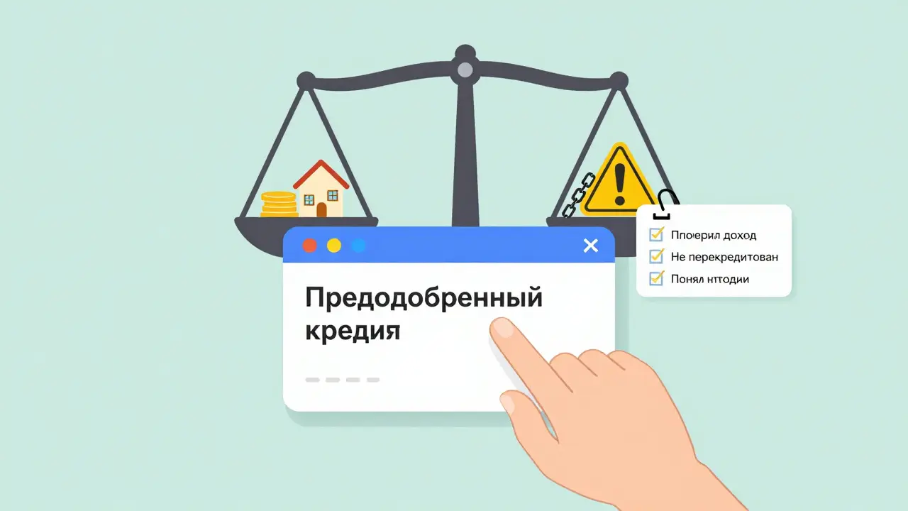 Рука закрывает уведомление о кредите, рядом весы с выгодами и рисками