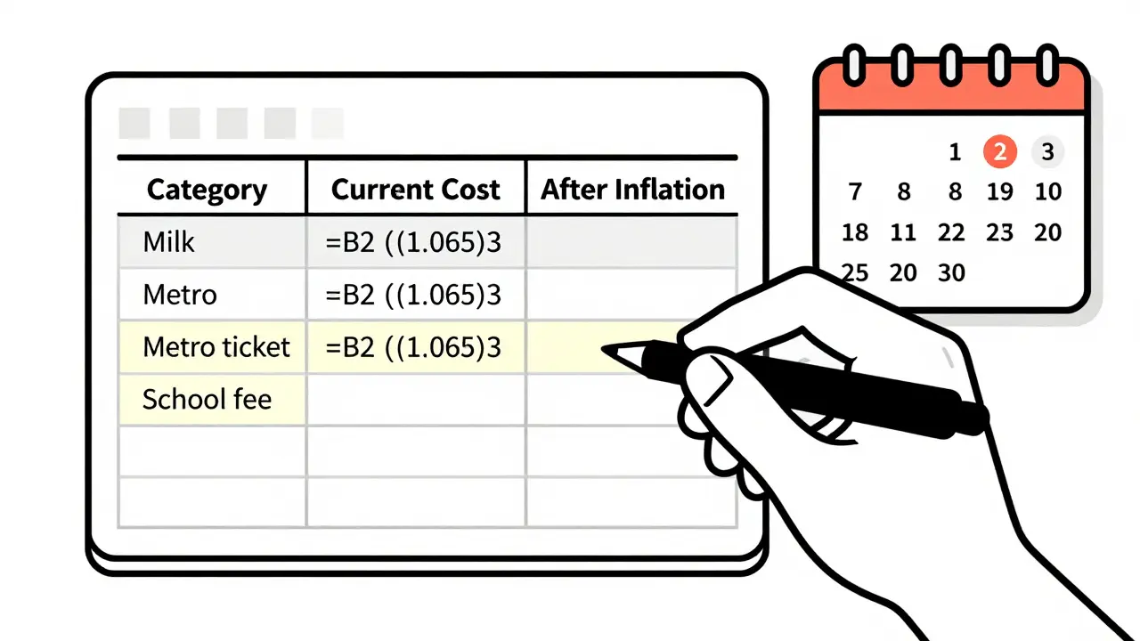 Рука заполняет таблицу в Excel с формулами индексации расходов на молоко, метро и образование.