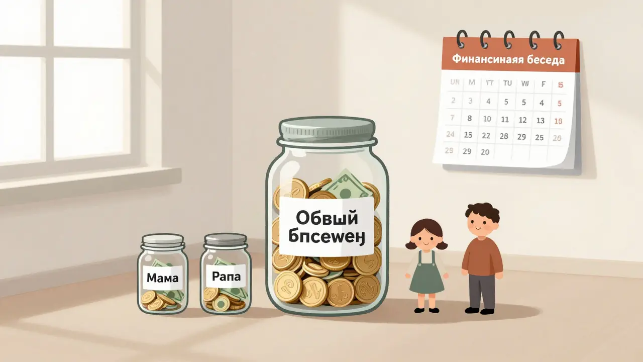 Семья с общим финансовым фондом и двумя личными счетами, на стене календарь с напоминанием о финансовой беседе.