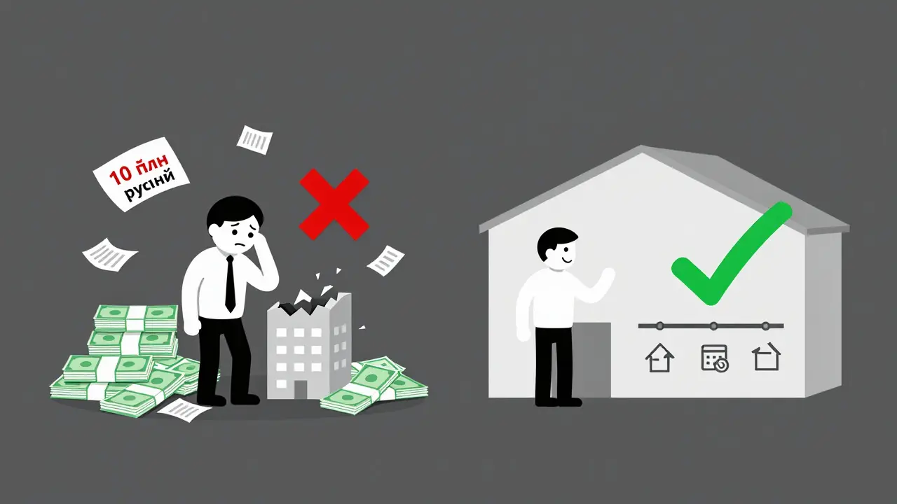 Сравнение: разрушающееся здание с долгами и стабильный склад с выгодами ипотеки.