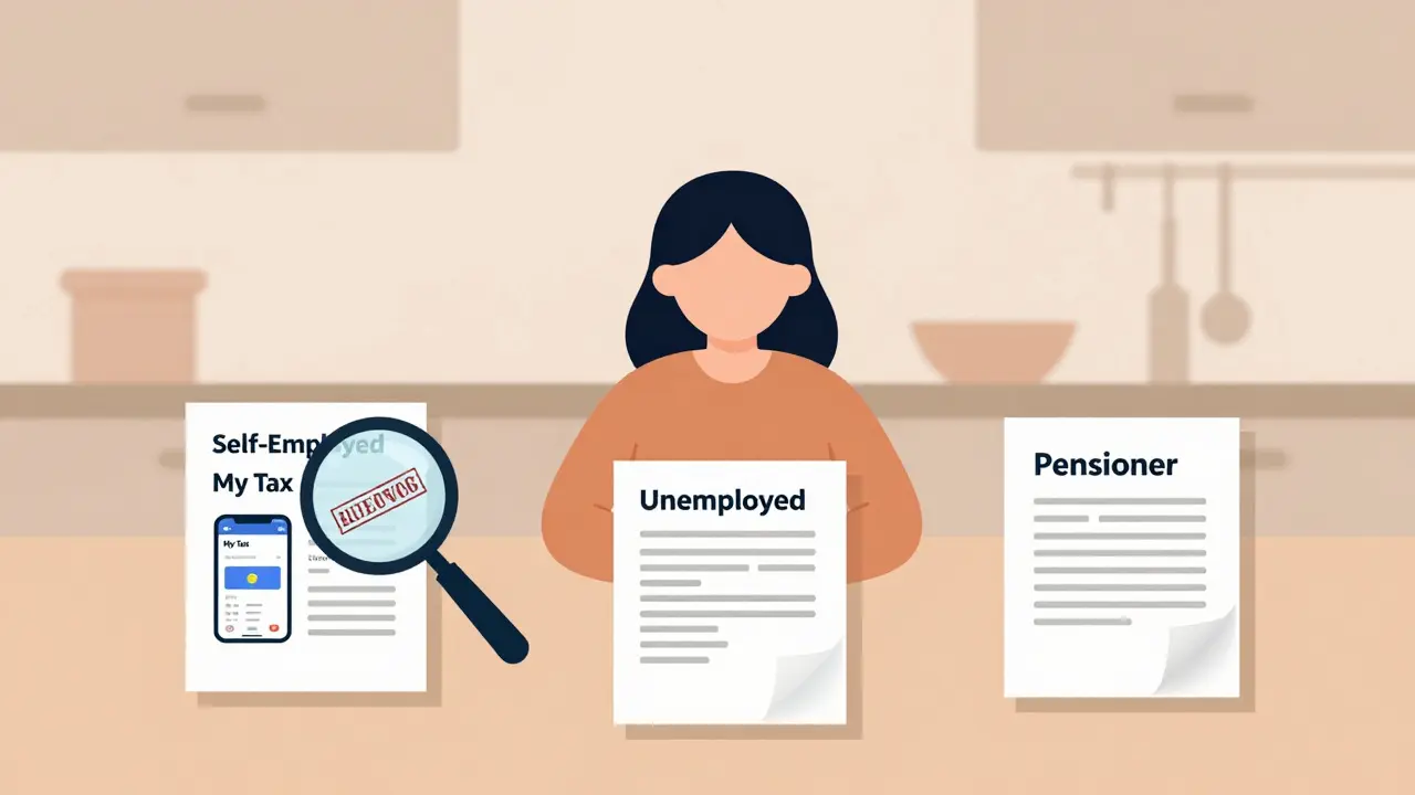 Женщина за столом с тремя стопками документов для разных категорий заемщиков, увеличительное стекло над приложением 'Мой налог'.