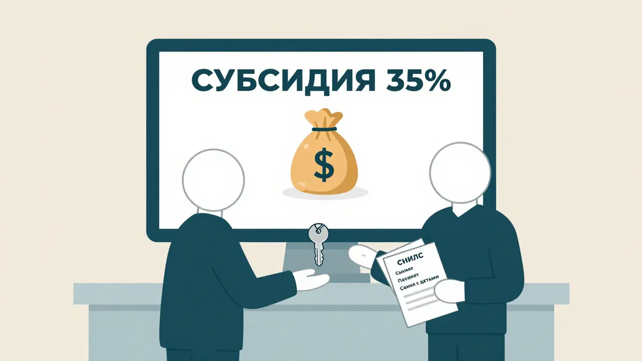 Банковский сотрудник передаёт ключ клиенту, на экране — субсидия от государства