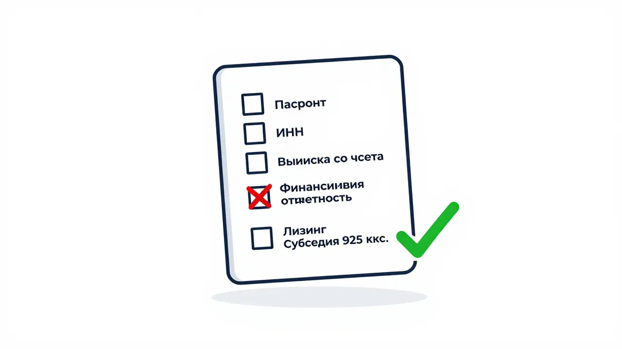 Чек-лист документов для кредита, один пункт отклонен, вместо него — лизинг и субсидия.