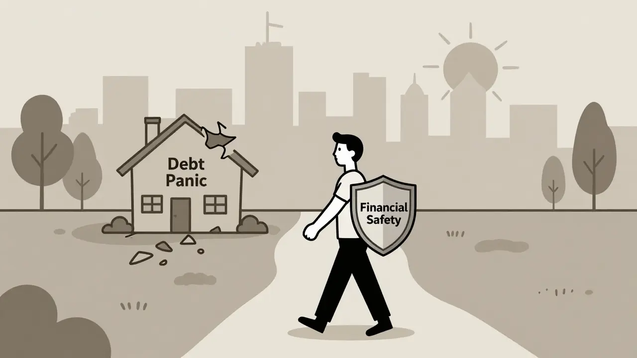 Человек идёт к спокойному городу с щитом финансовой защиты, оставляя за собой хаос долгов.