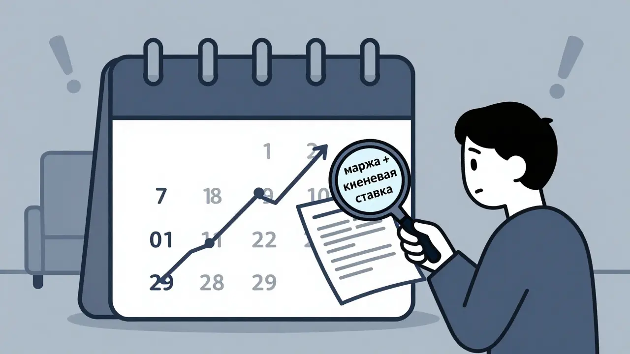 Человек изучает договор с изменяющейся процентной ставкой по календарю