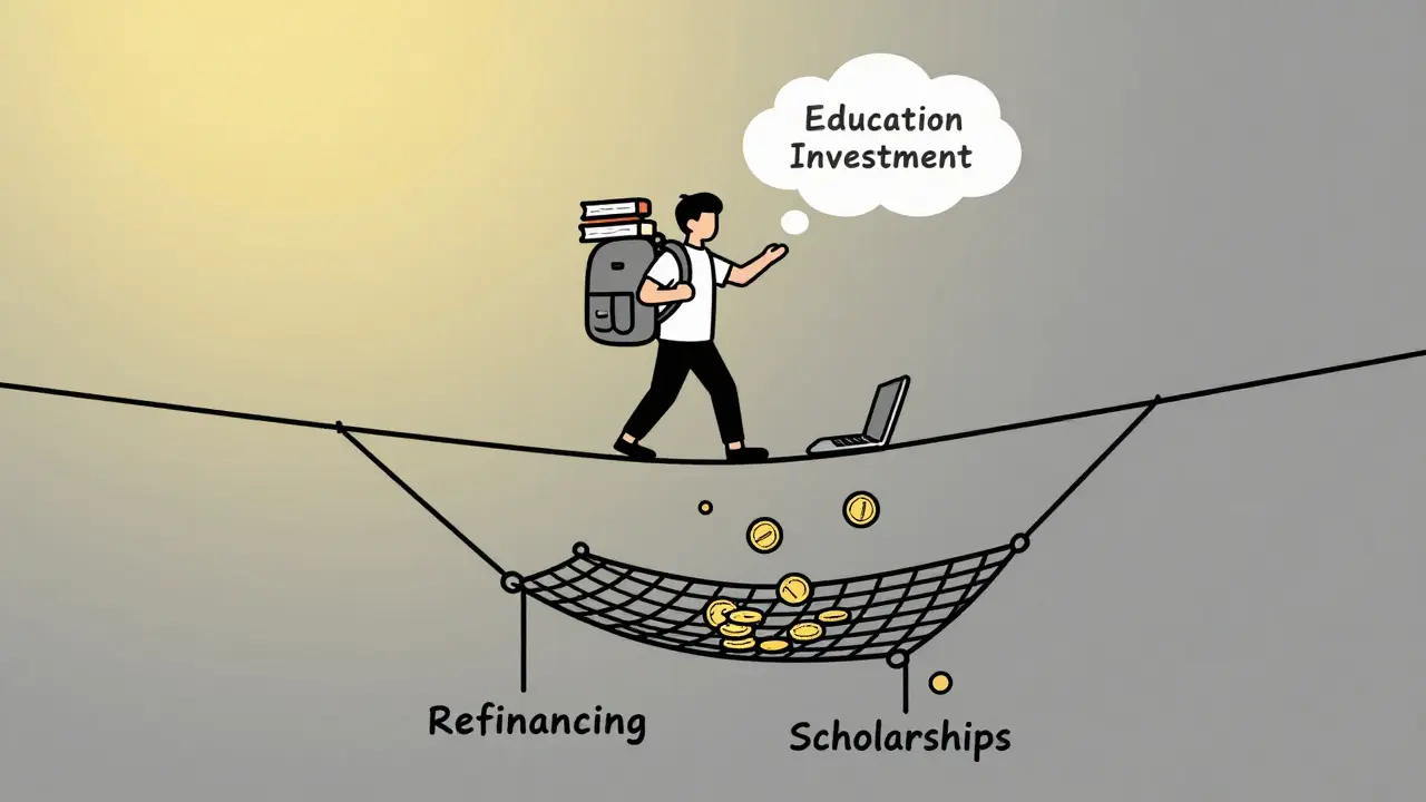 Человек на канате с рюкзаком обучения, над головой облако долга, внизу — сети рефинансирования и стипендий.