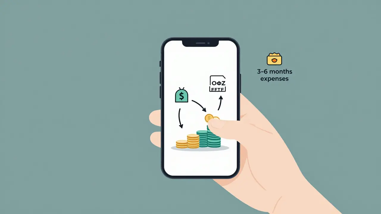 Человек на телефоне настраивает автоматические инвестиции, рядом подушка безопасности.