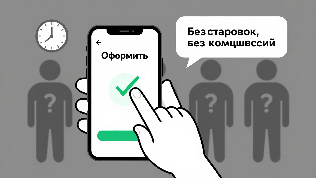 Человек оформляет кредит через Госуслуги на телефоне, снизу — стрелка вниз и надпись 'без страховок, без комиссий', фон — тусклые силуэты скрытых платежей.
