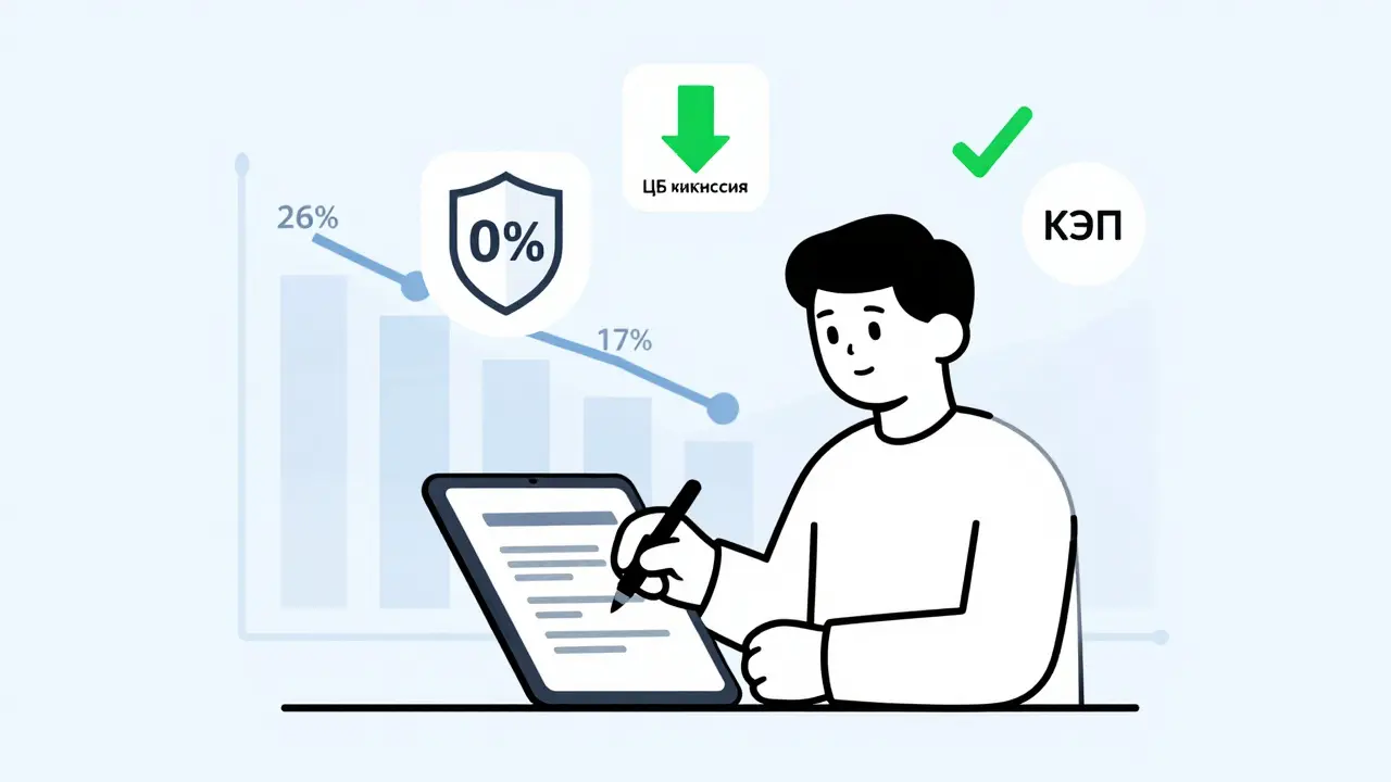 Человек подписывает цифровой ипотечный договор с индикаторами снижения ставки и квалифицированной электронной подписью.