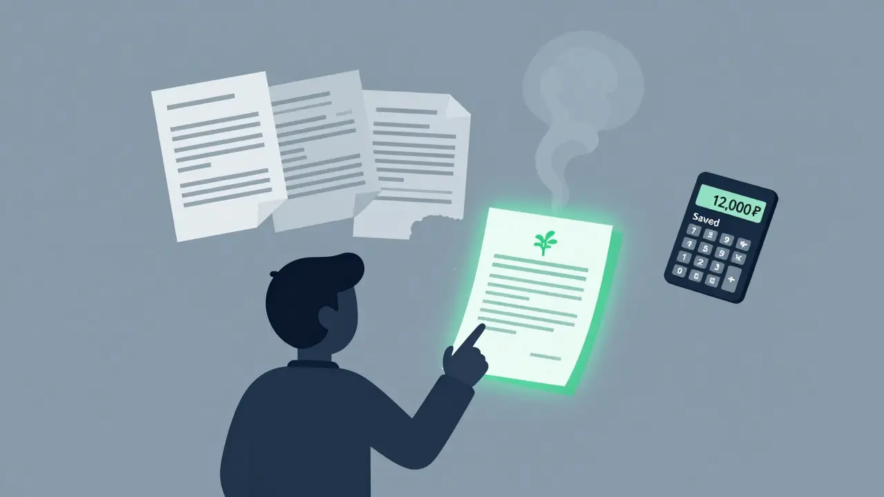 Человек подписывает новый кредит, старые долги исчезают, калькулятор показывает экономию