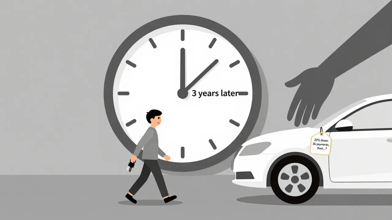 Человек уезжает с новой машиной, но за спиной тень забирает её через три года.