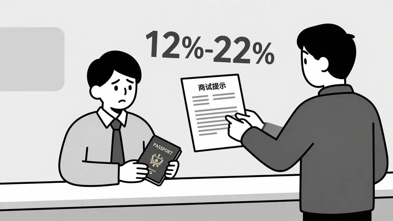 Человек в банке подает документы для кредита, над ним крупные цифры процентных ставок.