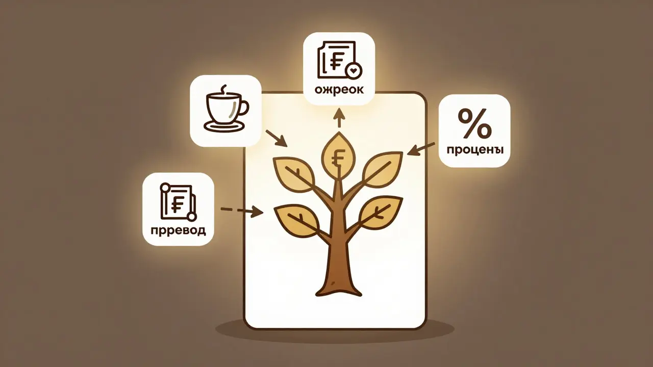 Четыре автоматических способа пополнения инвесткопилки: кофе, кэшбэк, проценты и перевод — все ведут к дереву с рублевыми листьями.