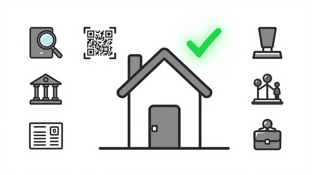 Дом с замком и семь шагов к безопасной покупке квартиры: от паспорта до юриста, все в минималистичном стиле.