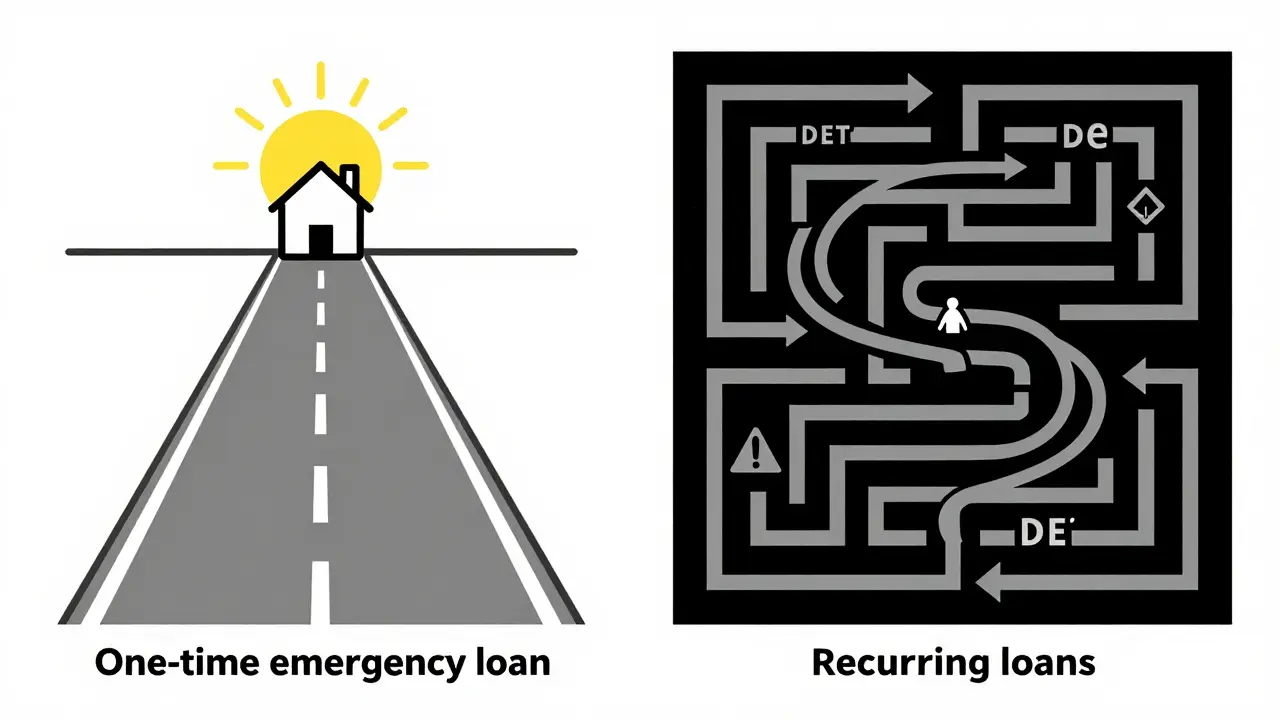 Два пути: один — простой и светлый, другой — запутанный и темный, символизирующие одноразовый и повторный кредит.
