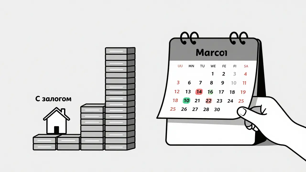 Калькуляция переплаты по кредиту: долгосрочный кредит без залога приводит к высокой переплате, с залогом — к низкой.