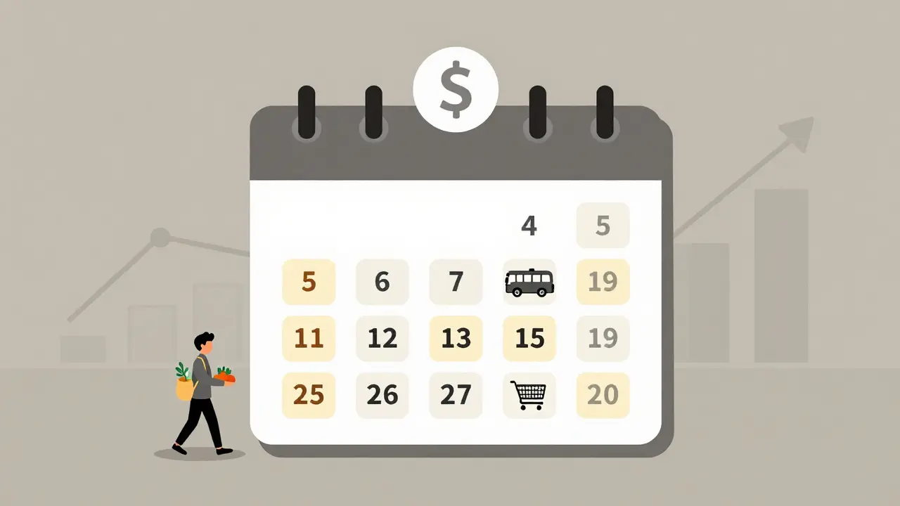 Календарь с 15 днями без трат: человек идет домой с продуктами, использует транспорт, избегает лишних покупок.