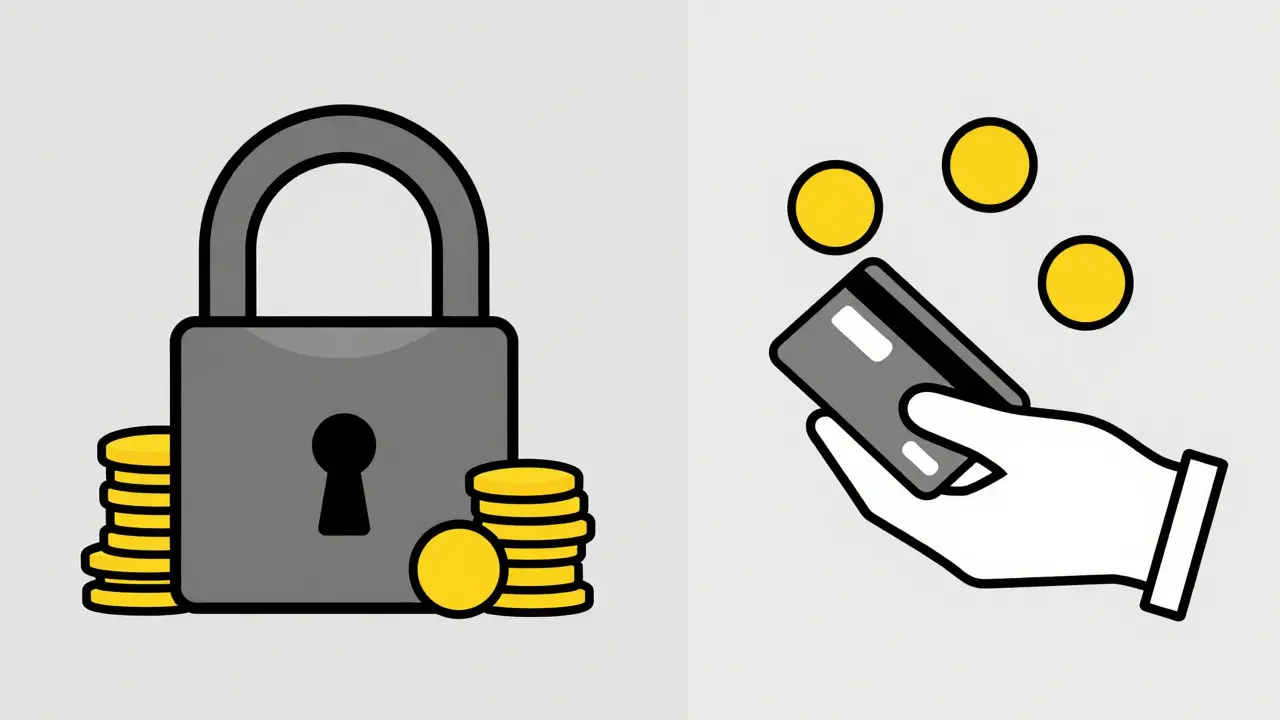 Карта с доступом к деньгам рядом с закрытым сейфом, векторная иллюстрация.