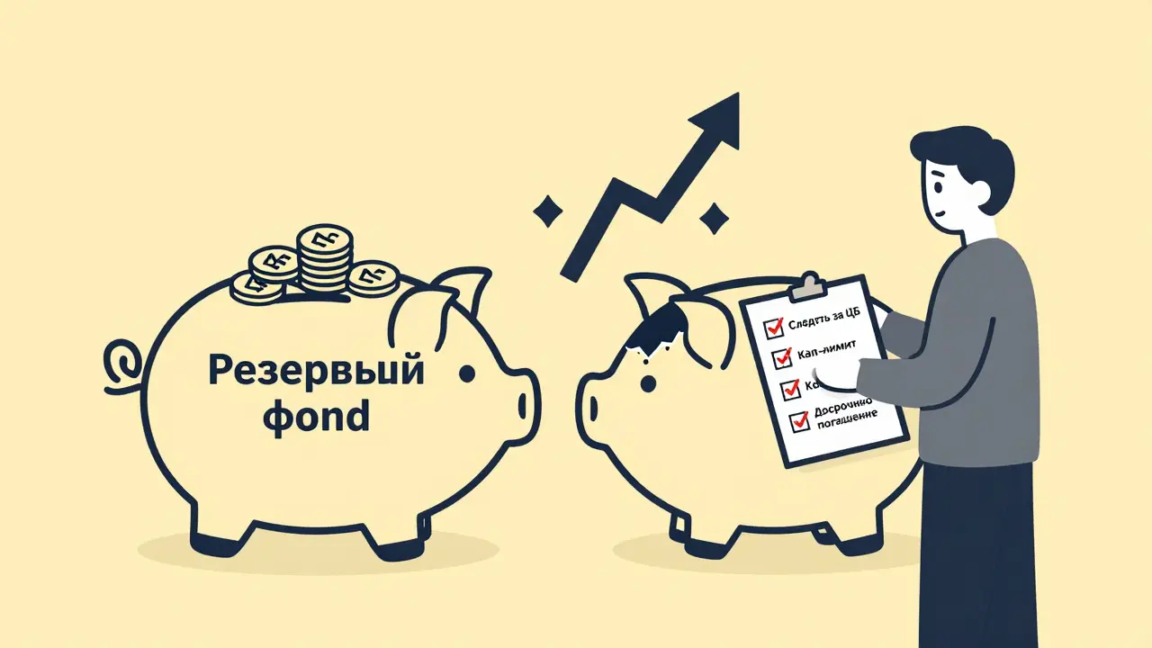 Копилка с резервным фондом и стрелками роста процентной ставки