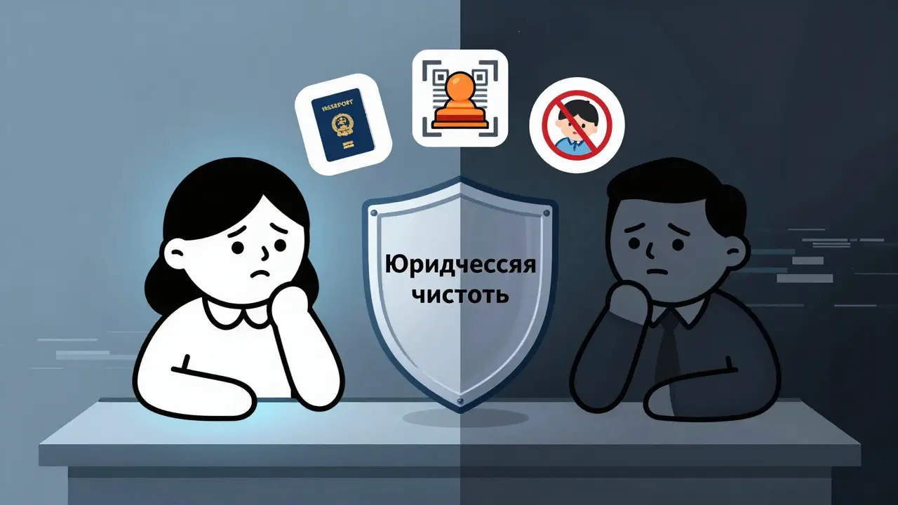 Покупатель и продавец стоят по разные стороны щита юридической чистоты, над ними — символы рисков и проверок.