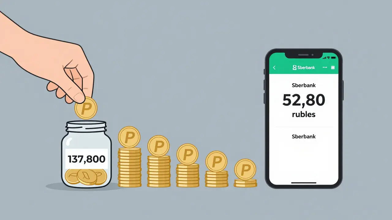 Постепенное накопление монет в банке по схеме 52 недели, с изображением приложения автонакопления на фоне.