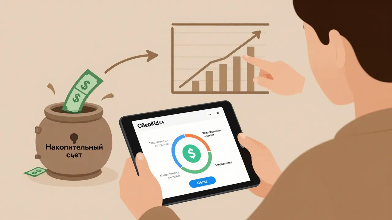 Ребёнок смотрит на банковское приложение, где деньги поступают в сейф для накоплений.