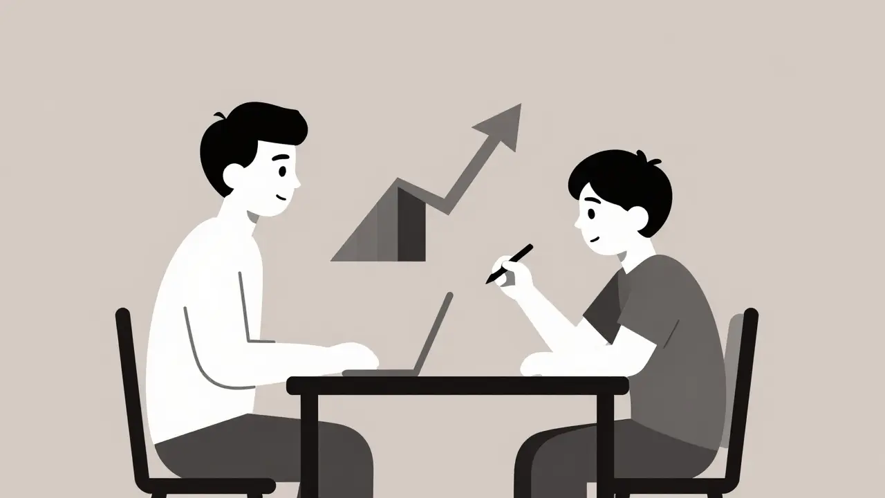 Родитель и подросток обсуждают инвестиции за столом