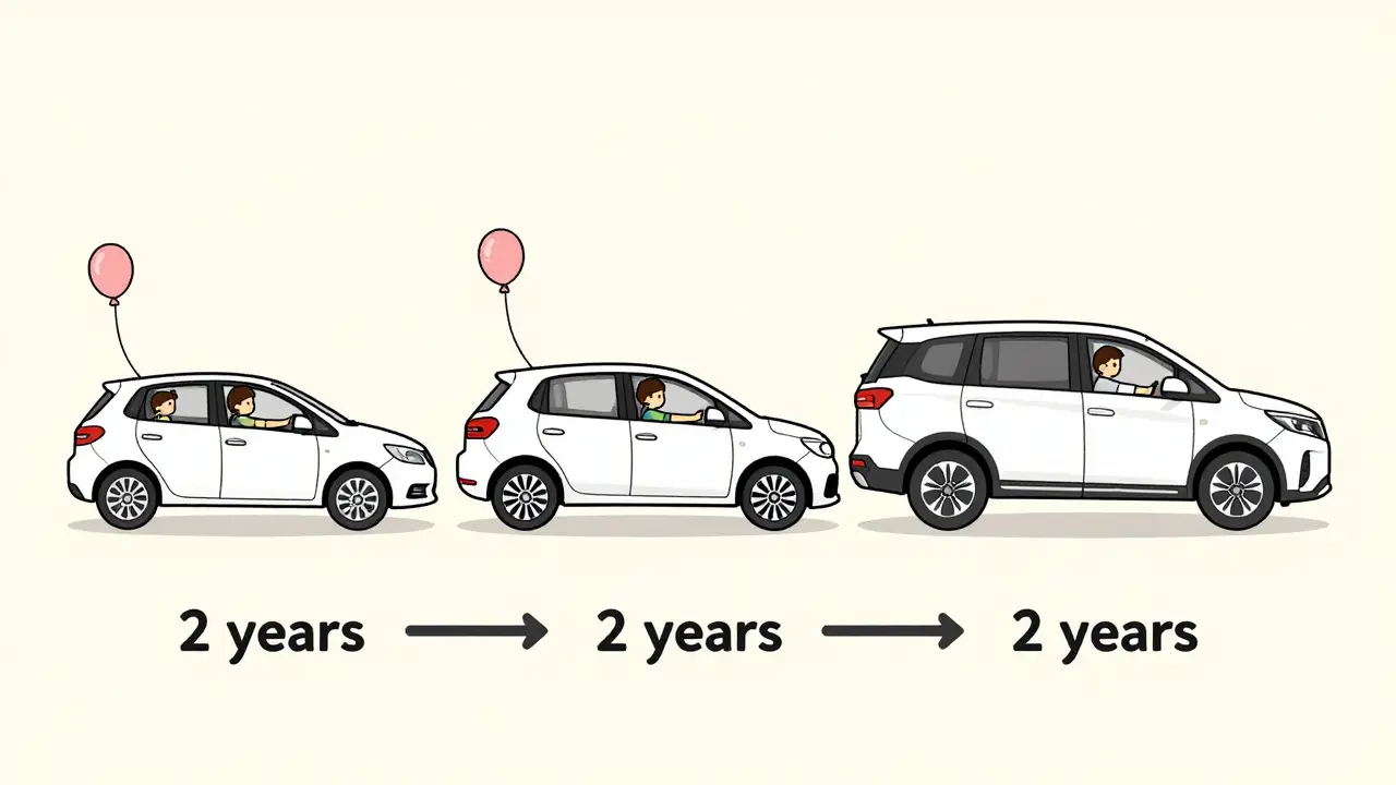 Семья последовательно меняет автомобиль по мере роста детей: хэтчбек → МРV → кроссовер.