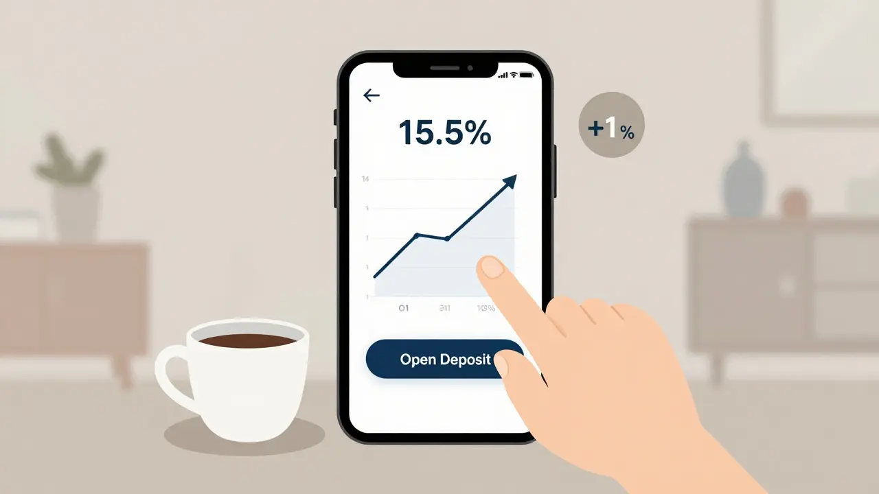 Смартфон с банковским приложением, показывающим рост ставки с 14% до 15,5%, рука нажимает кнопку.