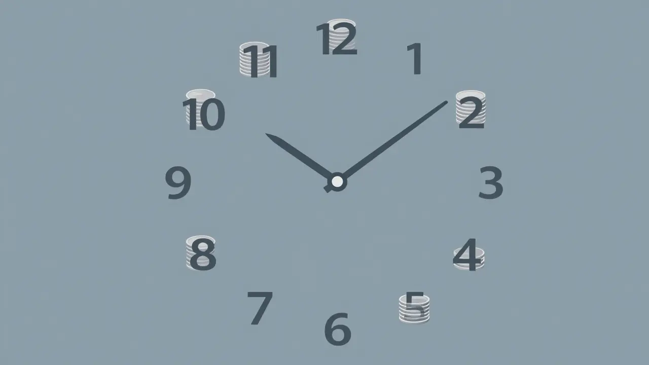 Стилизованные часы, где цифры заменены стогами монет в плоском дизайне