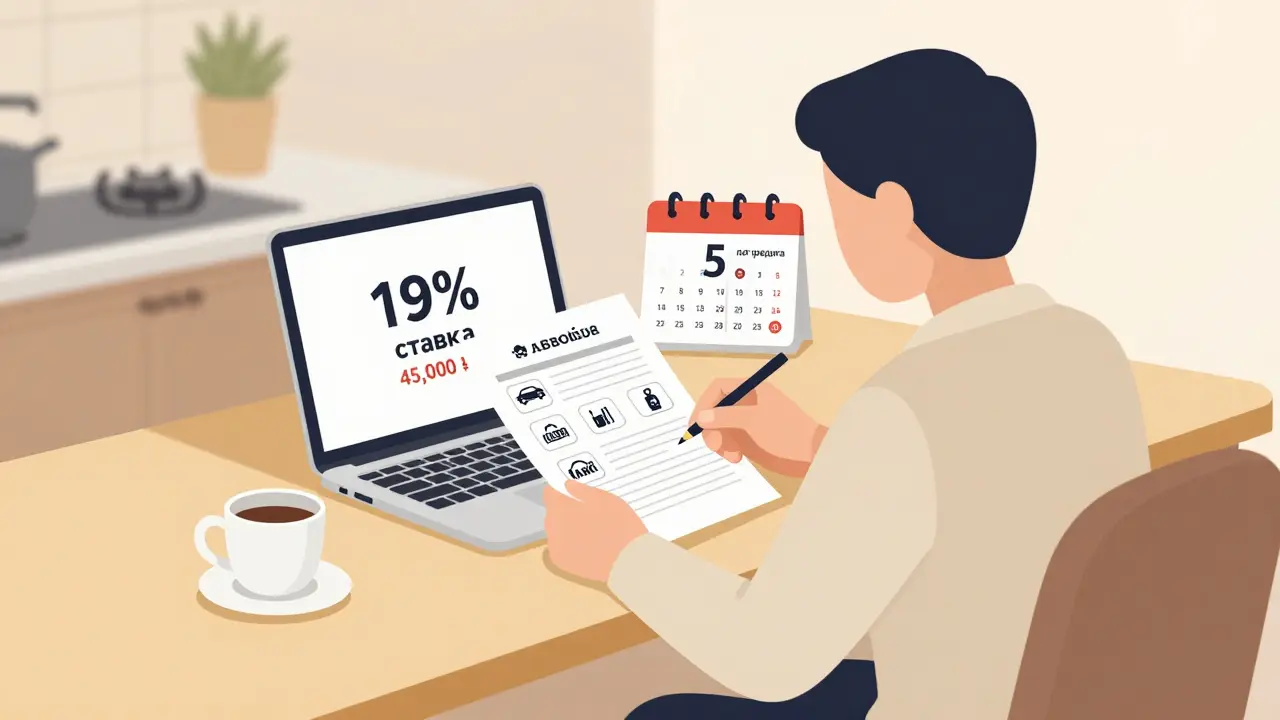 Таксист анализирует ежемесячные расходы на кредит, страховку и топливо.