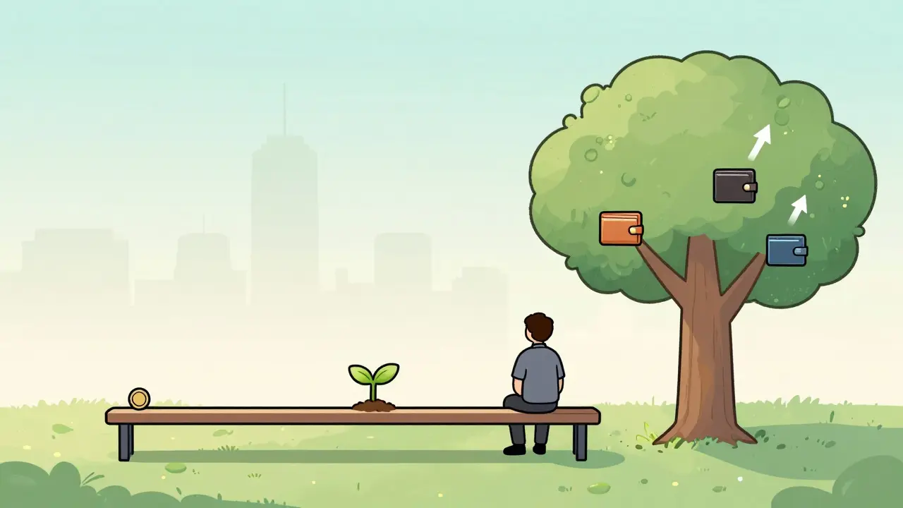 Тimeline роста инвестиций: от монеты к дереву с кошельками, спокойный пейзаж, символ долгосрочного роста.