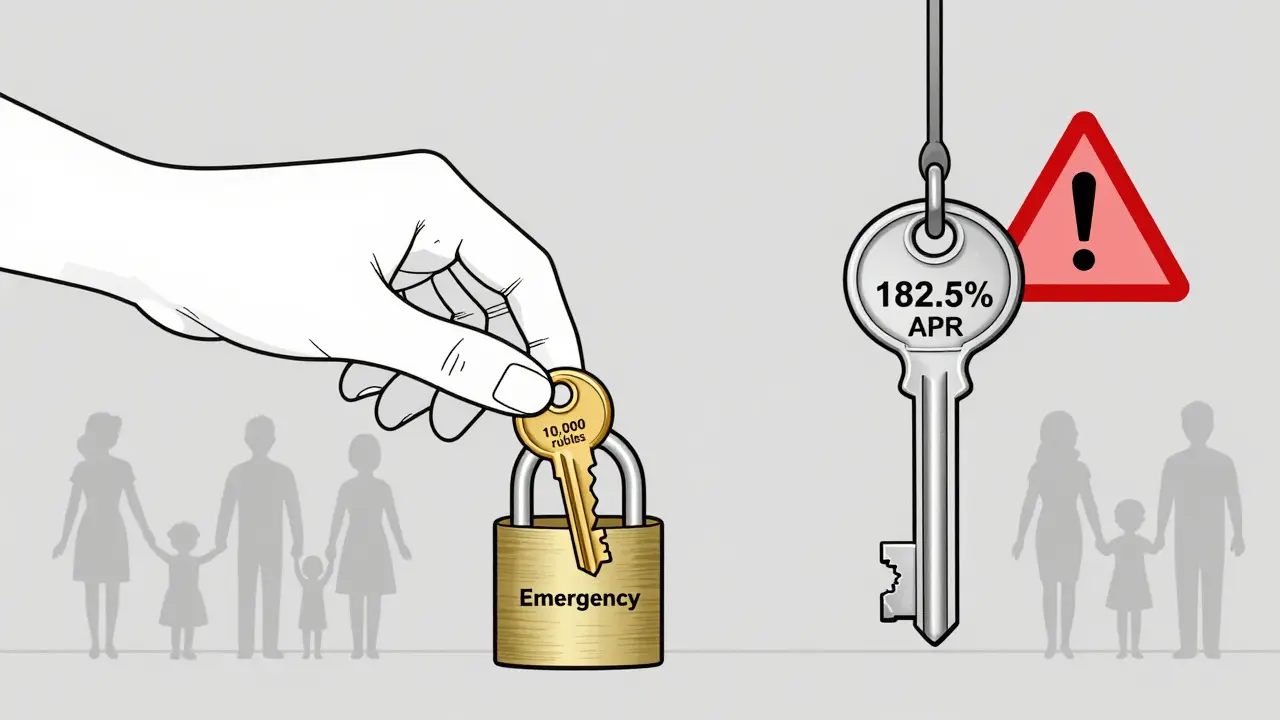 Золотой ключ от экстренного займа и тяжелый ключ с высокими процентами, рядом — намеки на альтернативы.