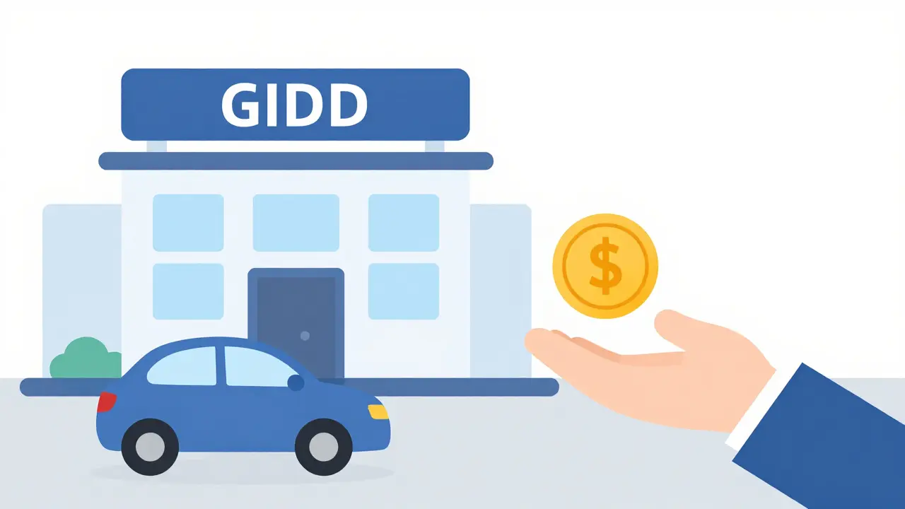 Автомобиль уезжает из ГИБДД, символизируя перевод денег продавцу