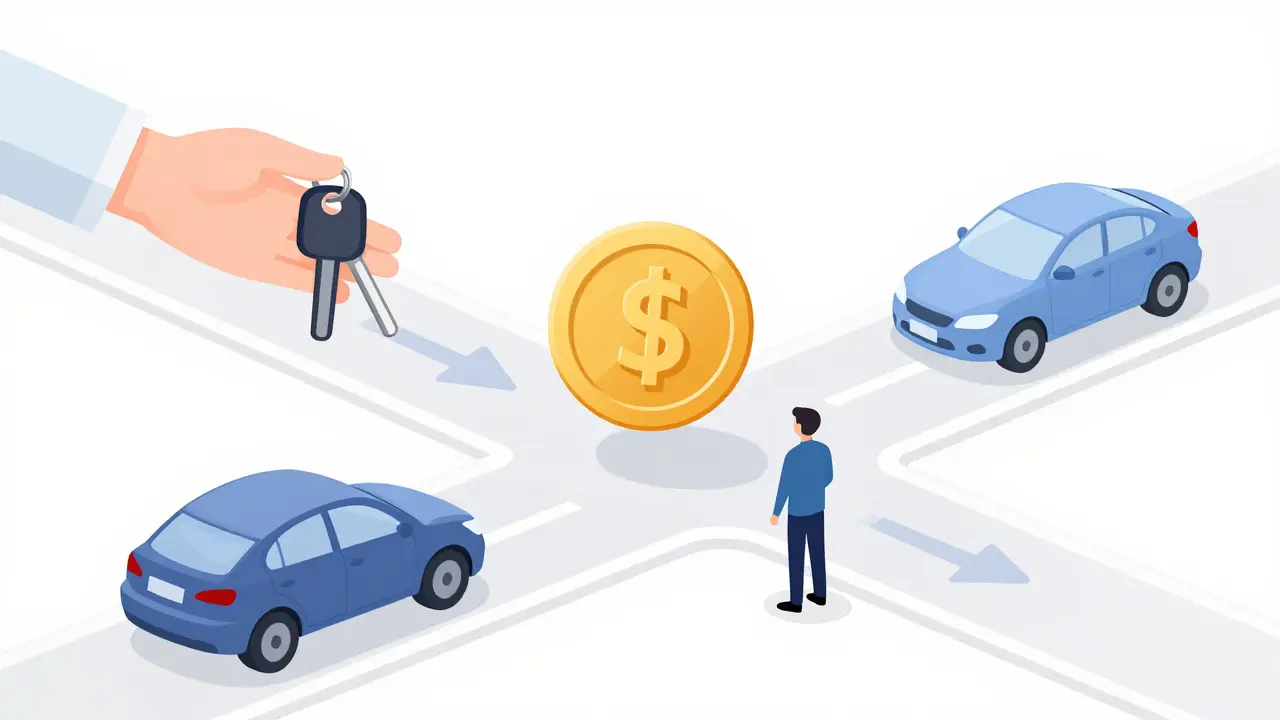Человек у автомобиля выбирает между выкупом машины и её возвратом дилеру